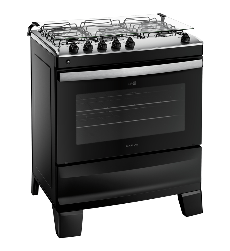 Fogao-5-Bocas-Preto-com-Mesa-Inox-Atlas-Agile-Up