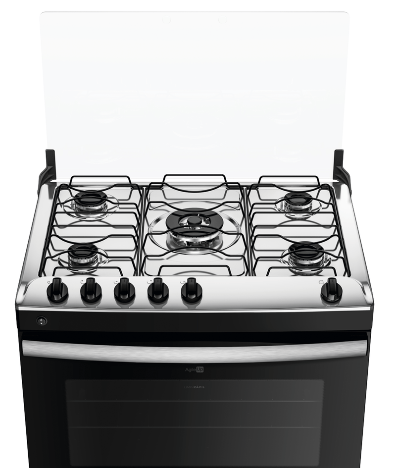 Fogao-5-Bocas-Preto-com-Mesa-Inox-Atlas-Agile-Up