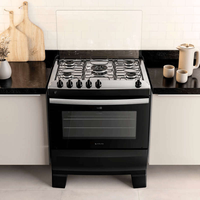 Fogao-5-Bocas-Preto-com-Mesa-Inox-Atlas-Agile-Up