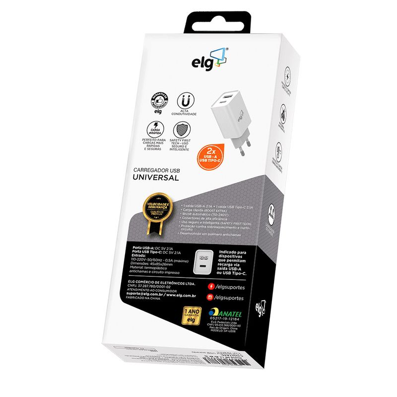 Carregador-de-Parede-ELG-Universal-W124C-1-Porta-USB-Tipo-C-e-1-Porta-USB-A-2.1A