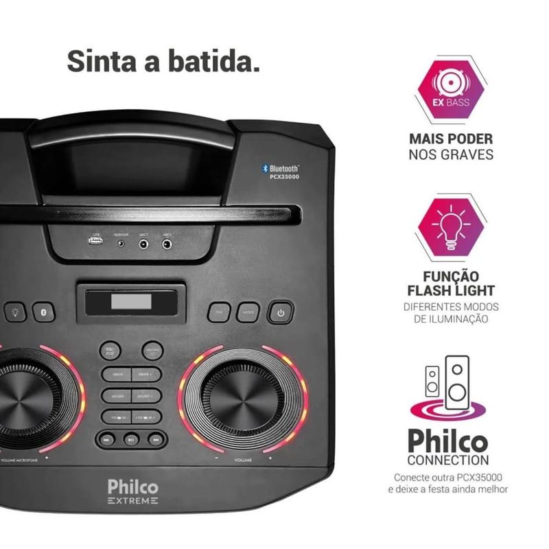 Caixa-de-Som-Acustica-Philco-Connection-Pcx35000-com-Bluetooth-Radio-FM-Funcao-Ex-Bass-e-Flash-Light-3500W