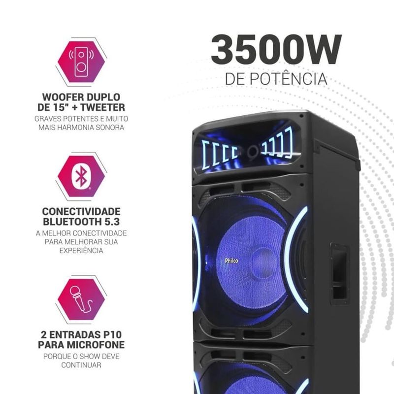 Caixa-de-Som-Acustica-Philco-Connection-Pcx35000-com-Bluetooth-Radio-FM-Funcao-Ex-Bass-e-Flash-Light-3500W